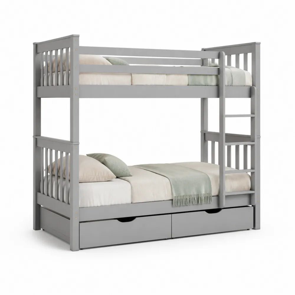 Lit superposé avec rangement 90 cm 200 cm MDF bois gris échelle latérale et tiroirs intégrés