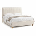 Lit double 160 cm 200 cm cadre rembourré polyester MDF tête de lit capitonnée beige pieds bois