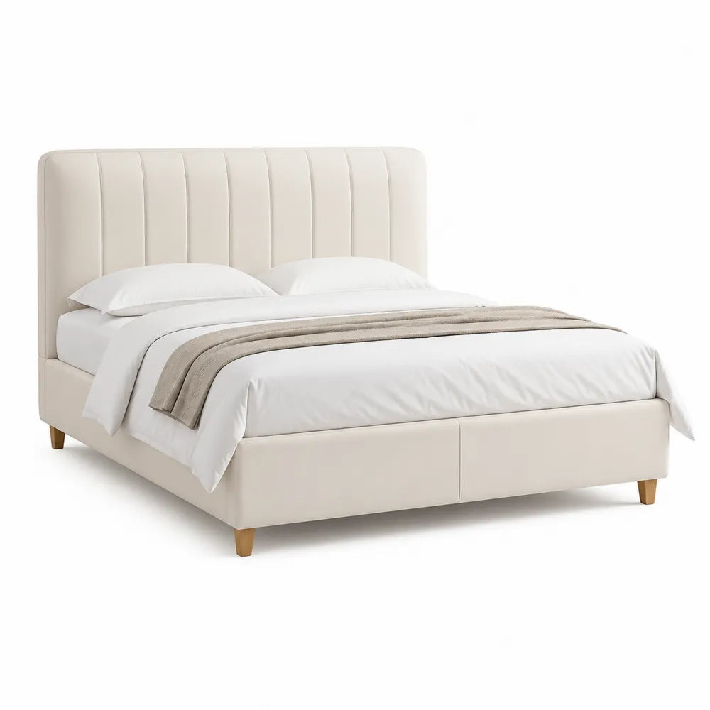 Lit double 160 cm 200 cm cadre rembourré polyester MDF tête de lit capitonnée beige pieds bois