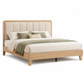 Lit double 160 cm 200 cm cadre bois effet chêne clair tête de lit rembourrée beige sommier à lattes