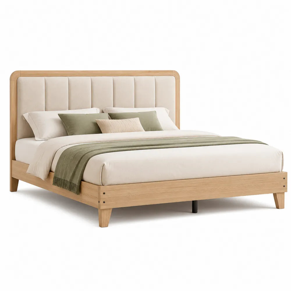 Lit double 160 cm 200 cm cadre bois effet chêne clair tête de lit rembourrée beige sommier à lattes