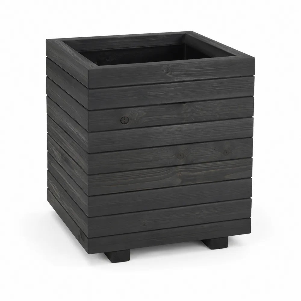 Bac à fleurs carré en bois massif noir 50 x 50 x 50 cm structure à lames avec pieds surélevés