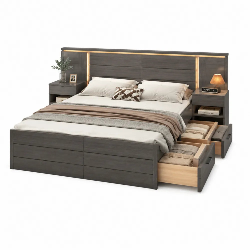 lit coffre 160 x 200 cm cadre de lit avec tiroirs latéraux MDF bois et métal revêtement gris tête de lit avec étagères LED intégrée