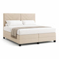 Lit avec rangement à tiroirs 160 cm 200 cm structure MDF revêtement tissu polyester beige tête de lit capitonnée chevron pieds noirs