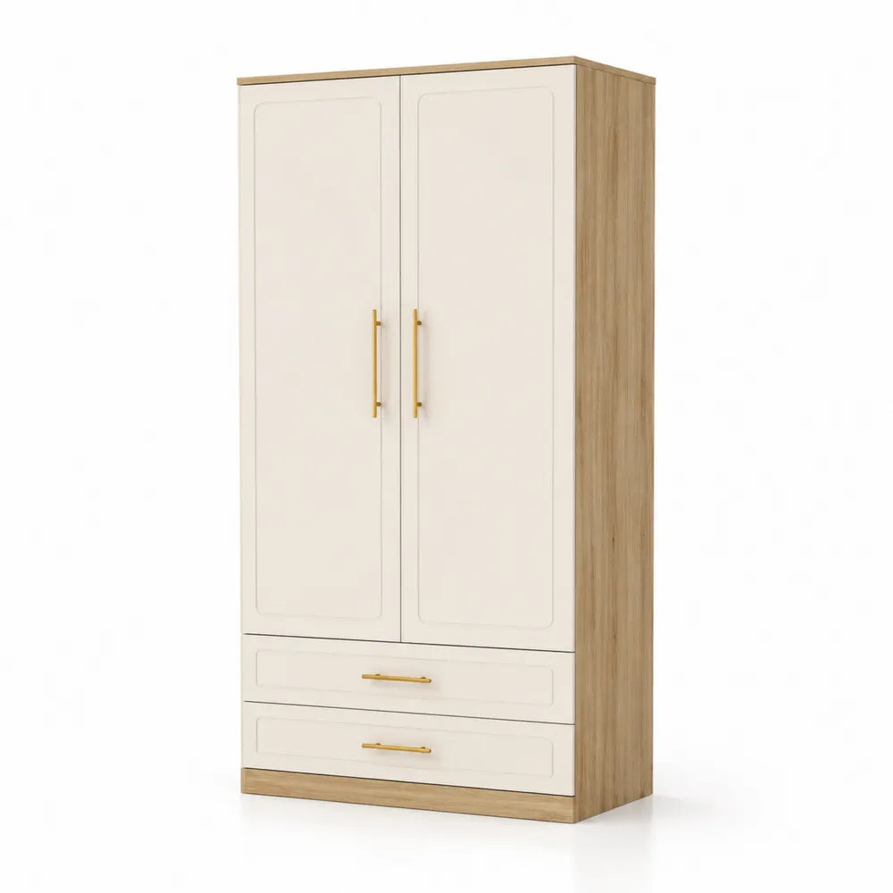 Armoire de chambre 90 x 50 x 180 cm 2 portes 2 tiroirs en panneau MDF décor bois naturel et façade beige poignées métal doré