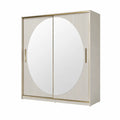 Armoire 180 x 60 x 200 cm 2 portes coulissantes miroir circulaire façades cannelées finition beige et doré
