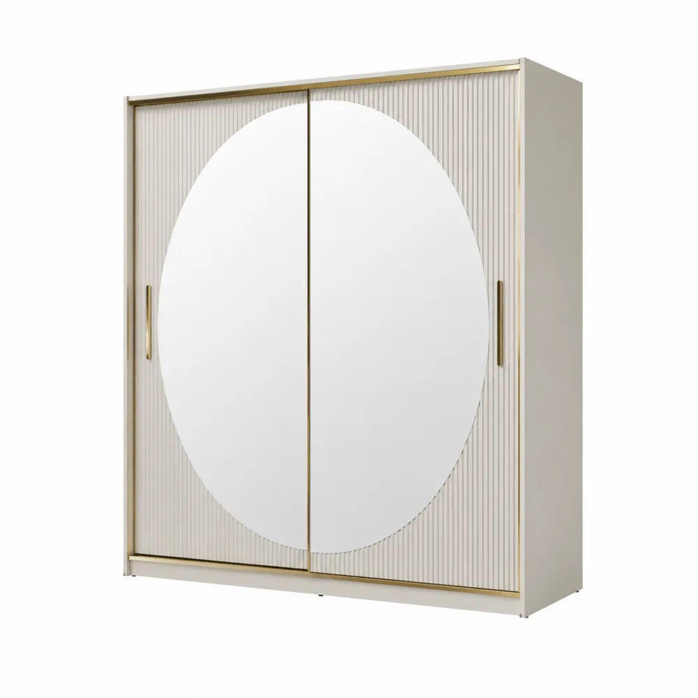 Armoire 180 x 60 x 200 cm 2 portes coulissantes miroir circulaire façades cannelées finition beige et doré