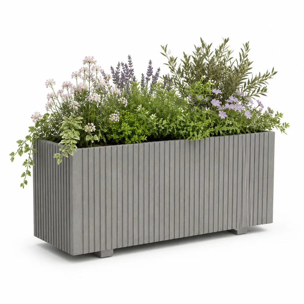 Bac à fleurs rectangulaire surélevé en polypropylène PP gris à rainures verticales