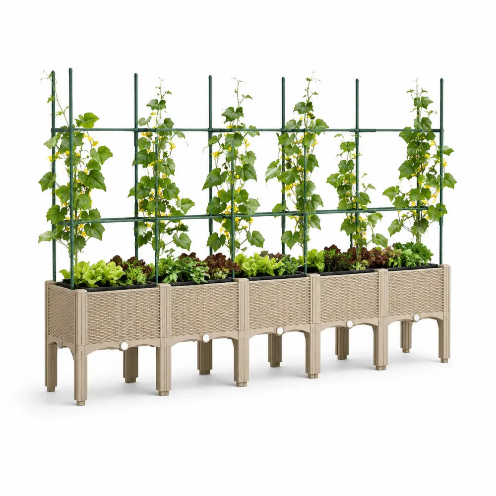 Jardinière de jardin rectangulaire modulable avec treillis acier métal polypropylène effet rotin beige 200 cm hauteur avec support 160 cm système vertical
