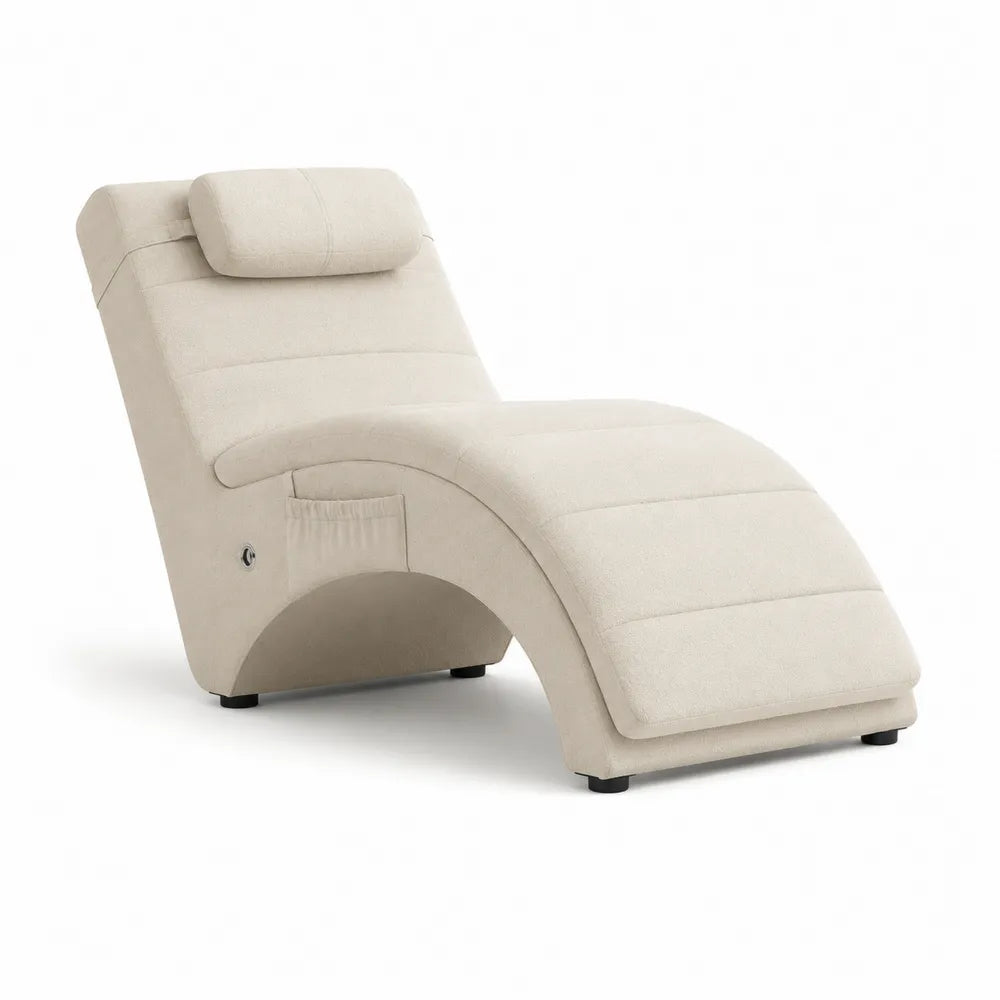 Méridienne chaise longue inclinée 165 cm 70 cm 82 cm tissu polyester beige structure bois massif pieds bois naturel