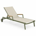Bain de soleil inclinable avec roues aluminium textilène vert kaki beige 200 cm x 65 cm x 35-90 cm