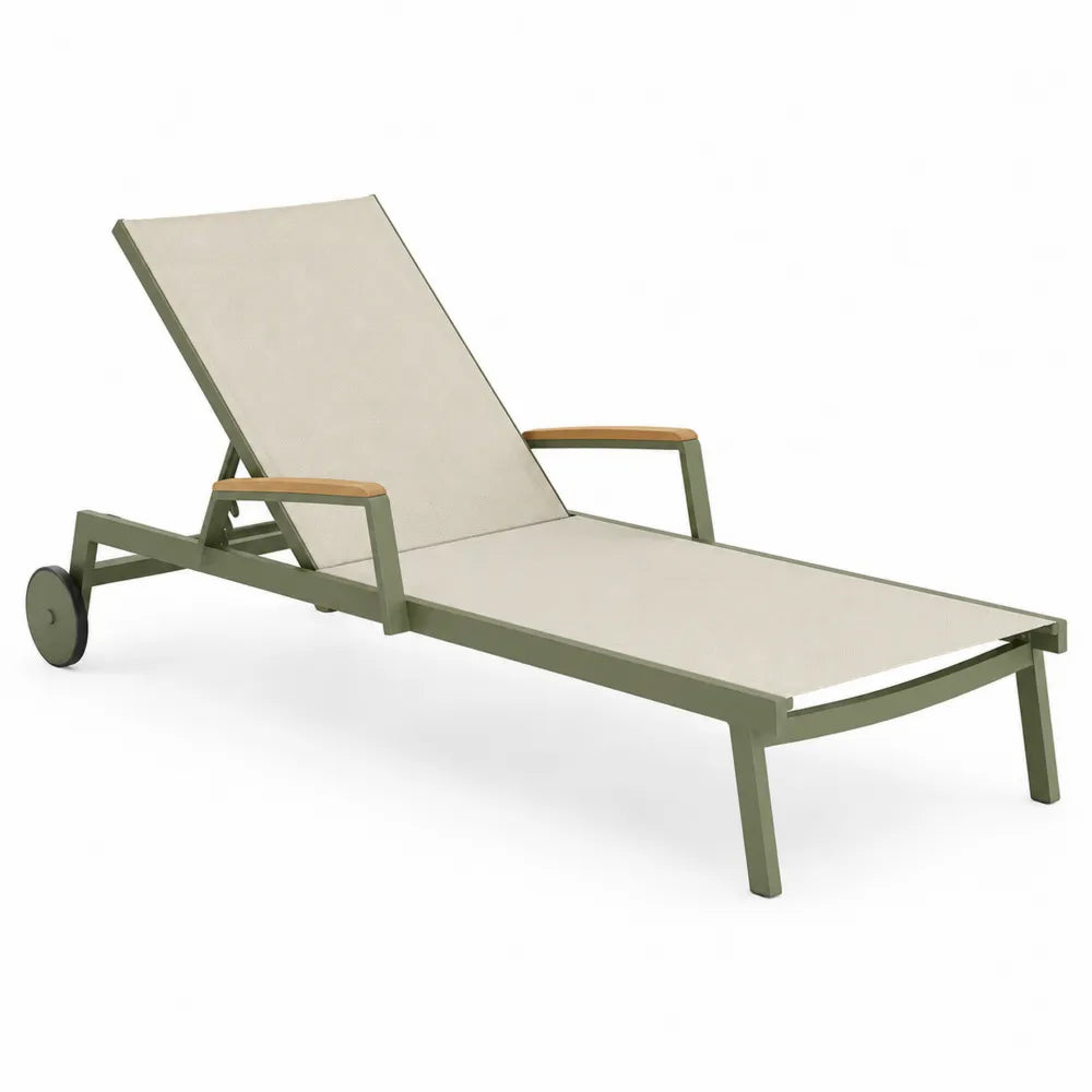 Bain de soleil inclinable avec roues aluminium textilène vert kaki beige 200 cm x 65 cm x 35-90 cm