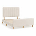 Lit double 160 x 200 cm cadre de lit rembourré tissu polyester beige tête de lit et pied rembourrés à panneaux verticaux structure MDF et bois massif pieds en bois naturel