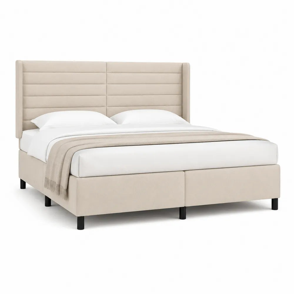 lit cadre de lit 160 cm x 200 cm tête de lit capitonnée à rainures horizontales tissu polyester beige structure MDF et acier pieds métal noir sommier à lattes intégré