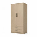 Armoire 80 x 50 x 180 cm 2 portes 2 tiroirs en panneau MDF décor chêne clair poignées noires structure rectangulaire