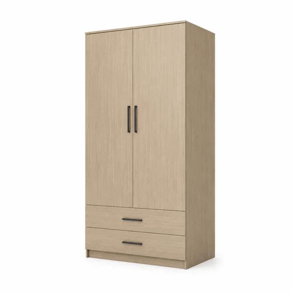 Armoire 80 x 50 x 180 cm 2 portes 2 tiroirs en panneau MDF décor chêne clair poignées noires structure rectangulaire