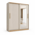 Armoire 180 x 60 x 200 cm 2 portes coulissantes avec miroir panneau MDF finition beige et chêne clair façades cannelées poignées dorées
