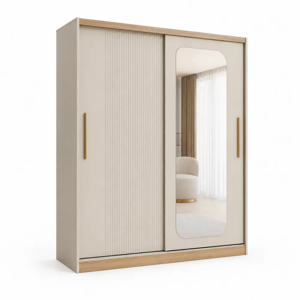 Armoire 180 x 60 x 200 cm 2 portes coulissantes avec miroir panneau MDF finition beige et chêne clair façades cannelées poignées dorées