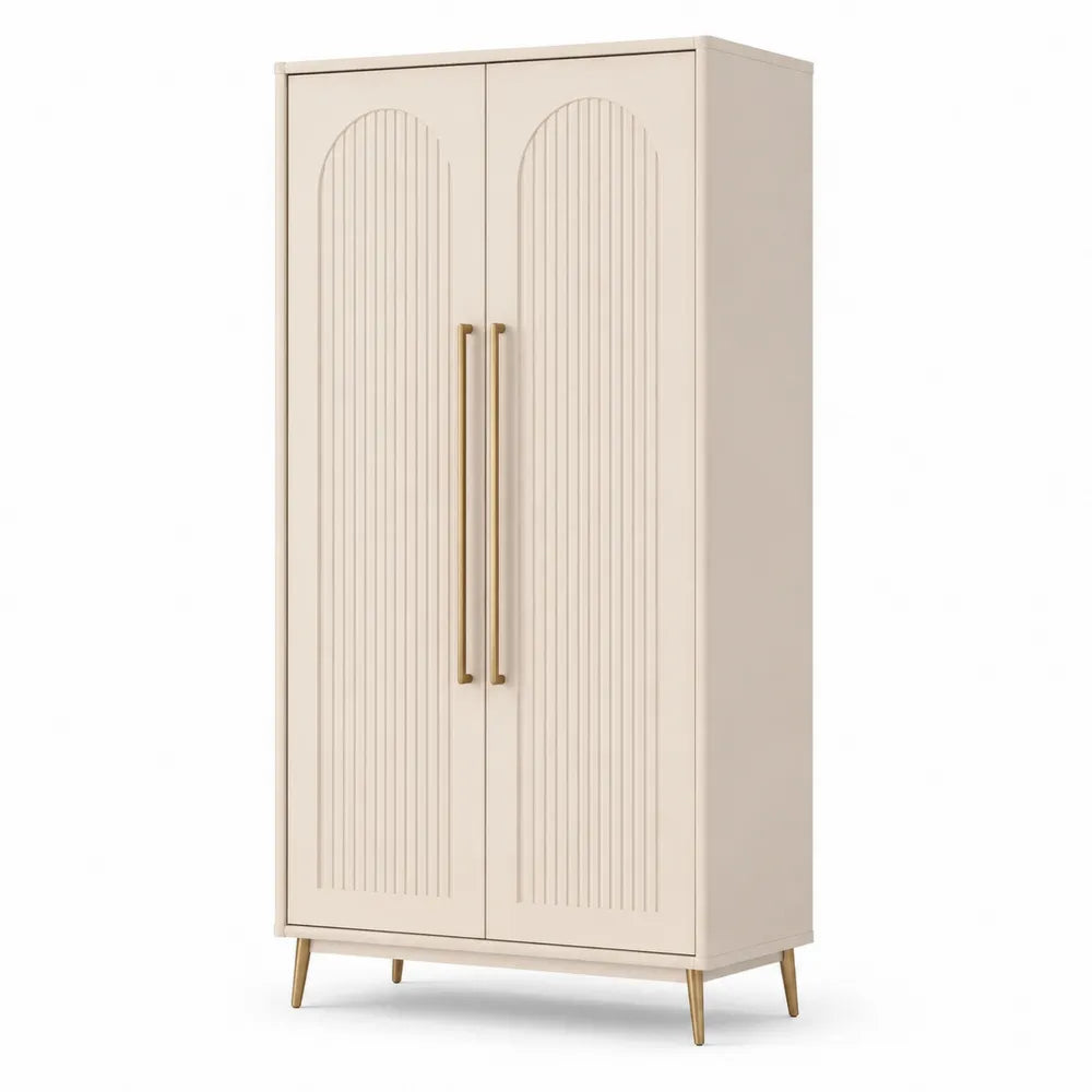 armoire de chambre 100 x 50 x 180 cm 2 portes MDF finition beige avec poignées dorées et pieds métal doré