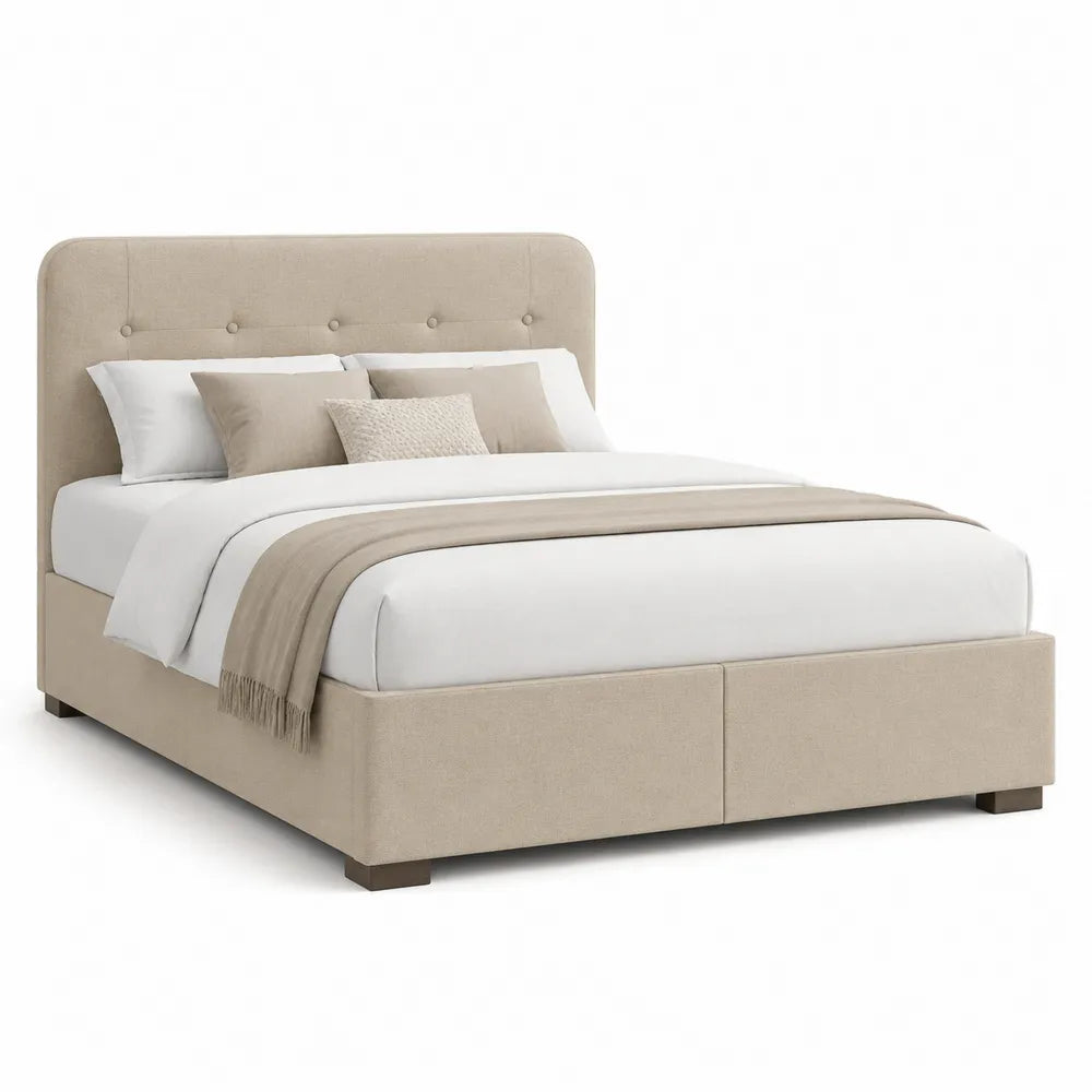 Lit plateforme 160 x 200 cm cadre rembourré tête de lit capitonnée tissu polyester beige structure bois MDF 210 x 165 x 110 cm