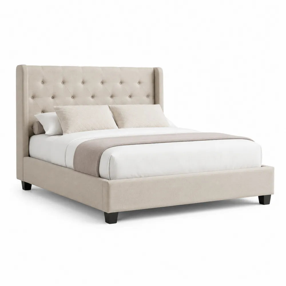 Lit plateforme 160 x 200 cm tête de lit capitonnée à boutons tissu polyester beige structure bois MDF pieds bois noir