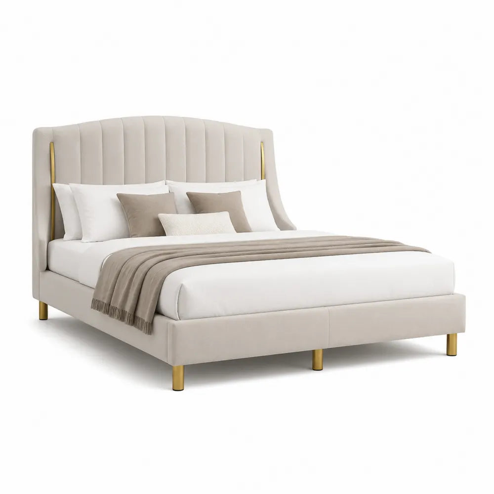 Lit double 160 x 200 cm cadre de lit rembourré velours polyester beige tête de lit à canaux verticaux structure MDF pieds en métal finition dorée