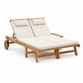 Bain de soleil double inclinable avec roulettes bois d acacia massif coussins polyester écru 200 cm 160 cm 85 cm