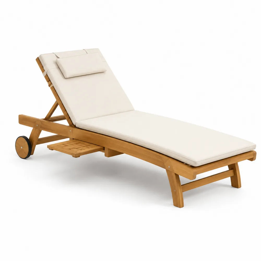 Bain de soleil inclinable en bois d'acacia coussin crème roues 200 cm 65 cm 80 cm plateau latéral intégré