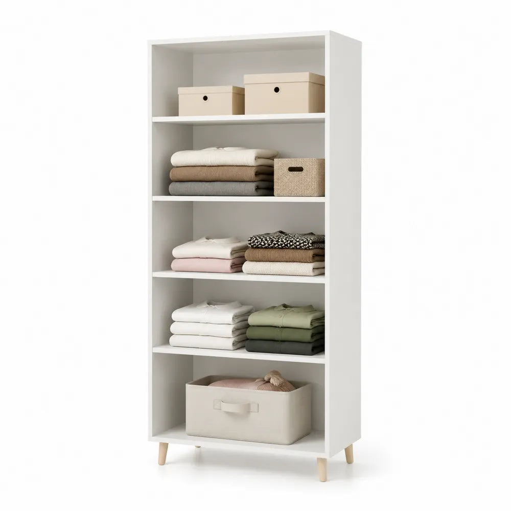 Armoire ouverte de rangement 80 x 40 x 180 cm en panneau MDF blanc à 5 niveaux avec pieds en bois naturel