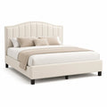 Lit plateforme 160 x 200 cm tête de lit incurvée à rainures verticales tissu polyester beige structure bois MDF pieds bois noir
