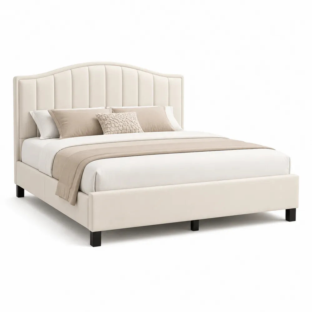Lit plateforme 160 x 200 cm tête de lit incurvée à rainures verticales tissu polyester beige structure bois MDF pieds bois noir