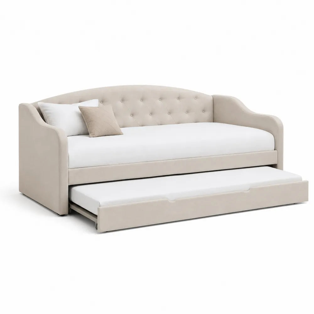 lit banquette 90 cm x 200 cm canapé-lit gigogne tissu polyester beige structure bois et métal pieds métal noir