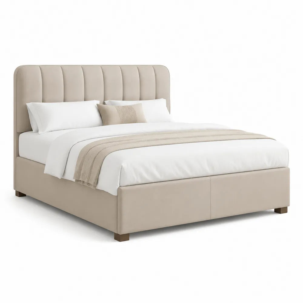 lit double 160 cm x 200 cm cadre rembourré tissu polyester beige tête de lit à panneaux verticaux pieds bois massif finition naturelle