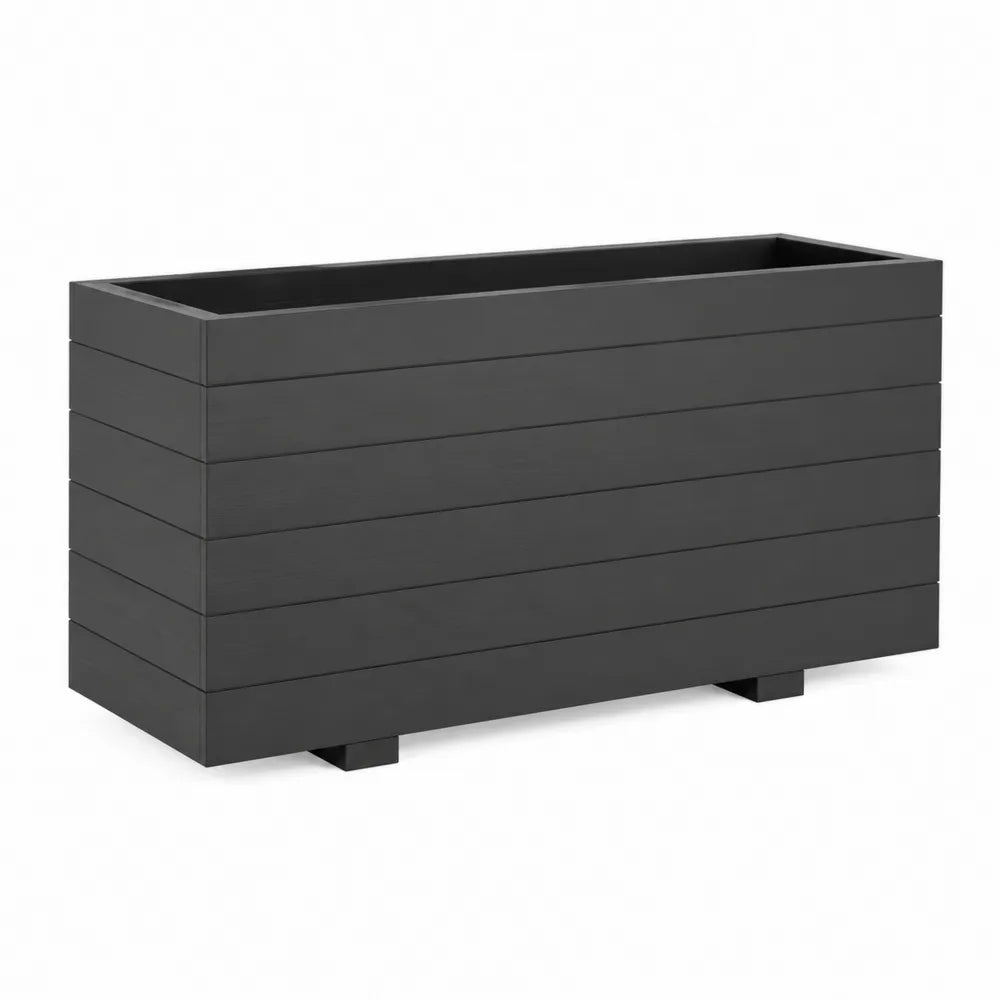 Bac à fleurs rectangulaire 120 x 40 x 45 cm en bois massif noir structure à lames horizontales avec pieds surélevés