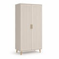 armoire 2 portes 80 cm x 50 cm x 180 cm MDF beige façades rainurées poignées métal doré pieds bois massif naturel