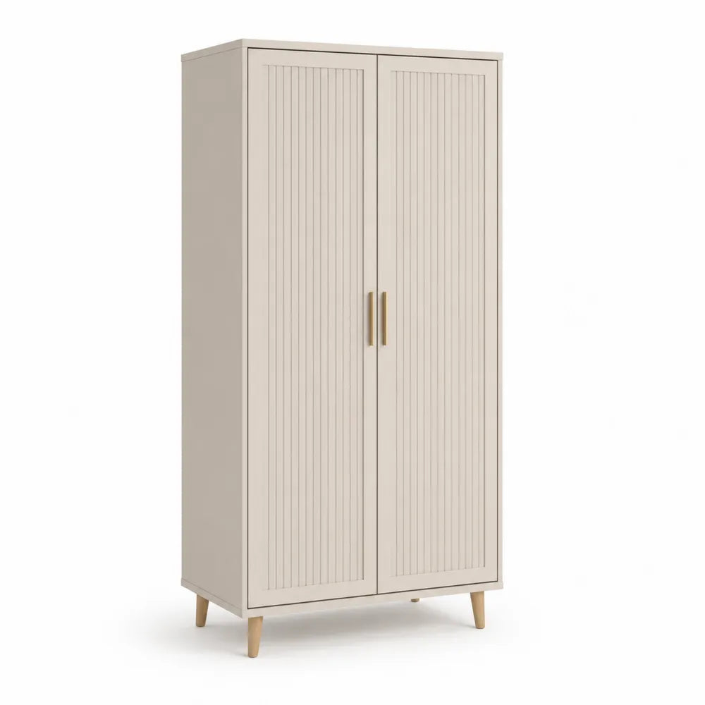 armoire 2 portes 80 cm x 50 cm x 180 cm MDF beige façades rainurées poignées métal doré pieds bois massif naturel